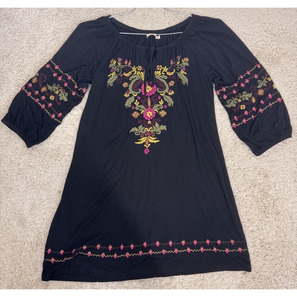 Caite‎ Anthropologie Black Embroidered Peasant Dress Women's S Folksy Boho Flowy